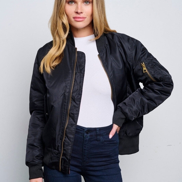 Women's Black Bomber Jacket with Orange Lining - Picture 3 of 14